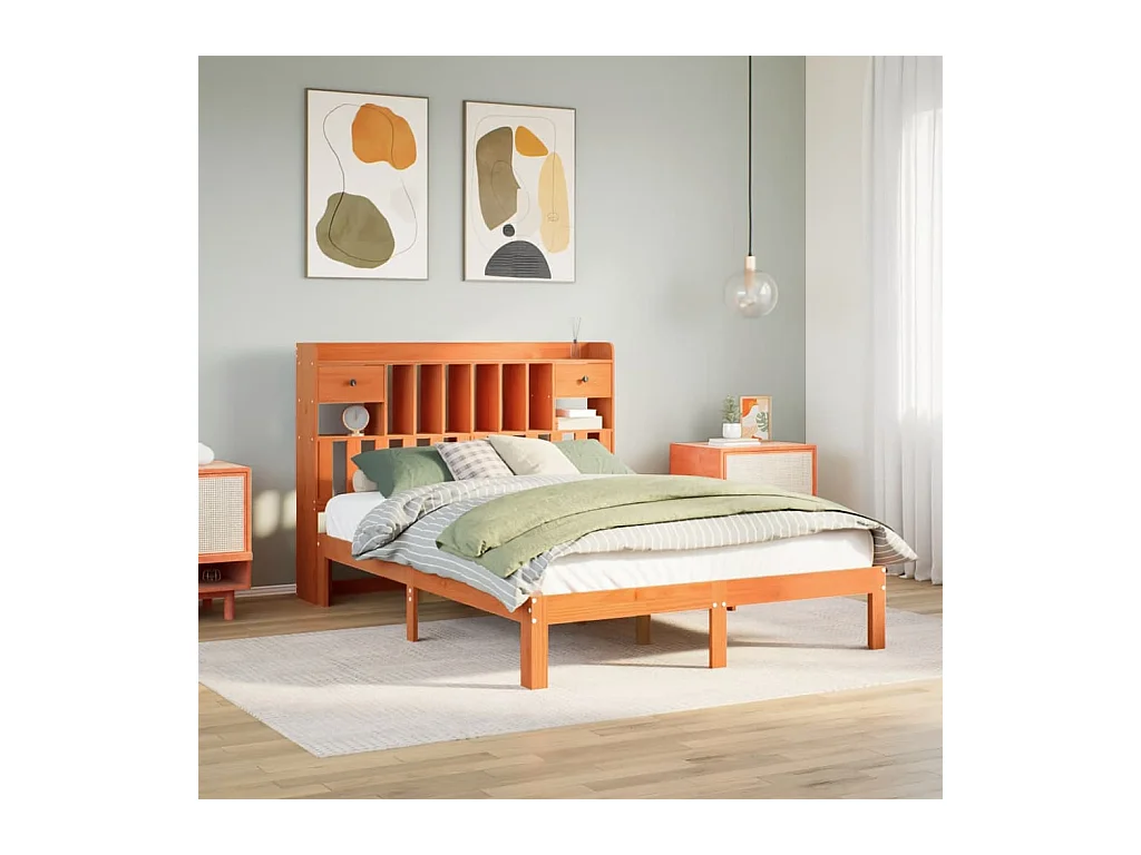 Lit bibliothèque sans matelas cire marron 140x200 cm pin massif