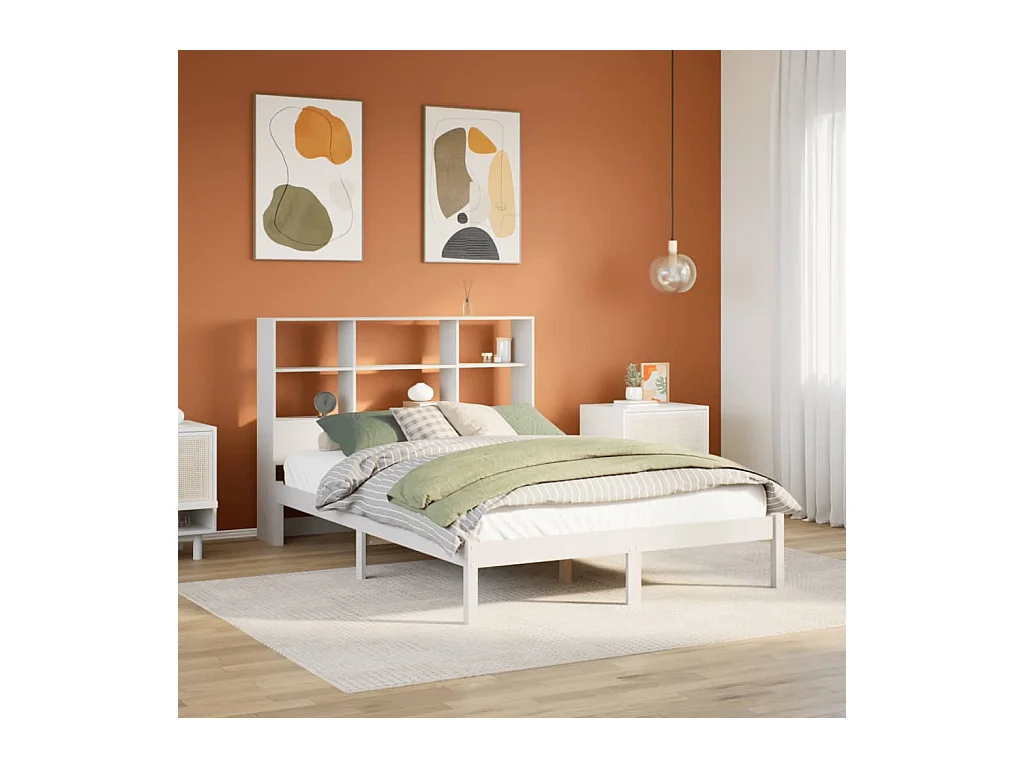 Cama con estantería sin colchón madera maciza blanca 140x190 cm