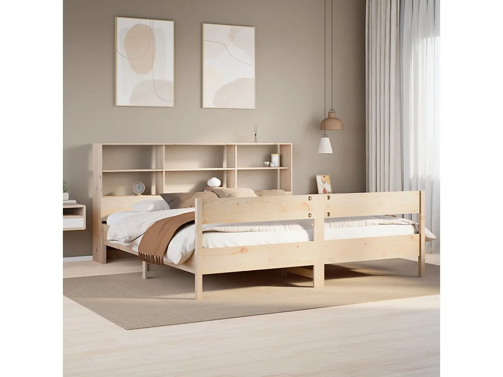 Lit bibliothèque sans matelas 200x200 cm bois massif de pin