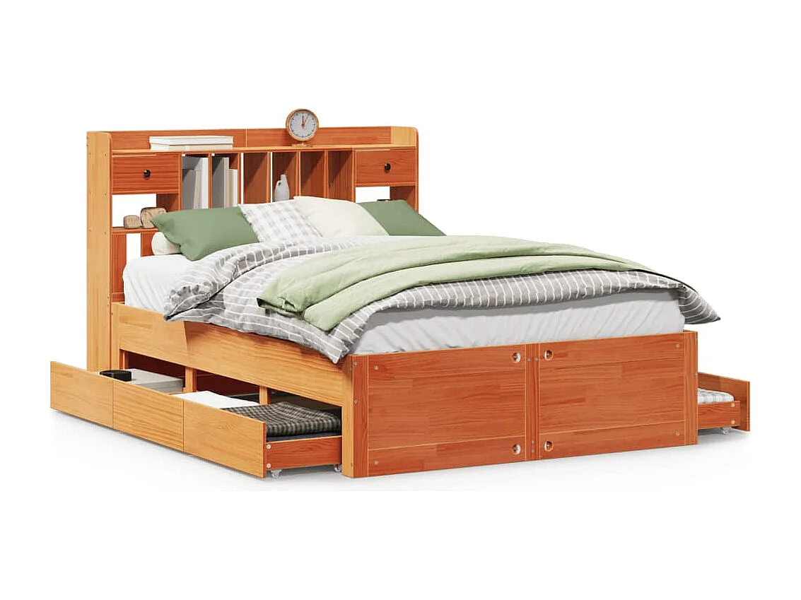 Lit bibliothèque sans matelas cire marron 160x200 cm pin massif