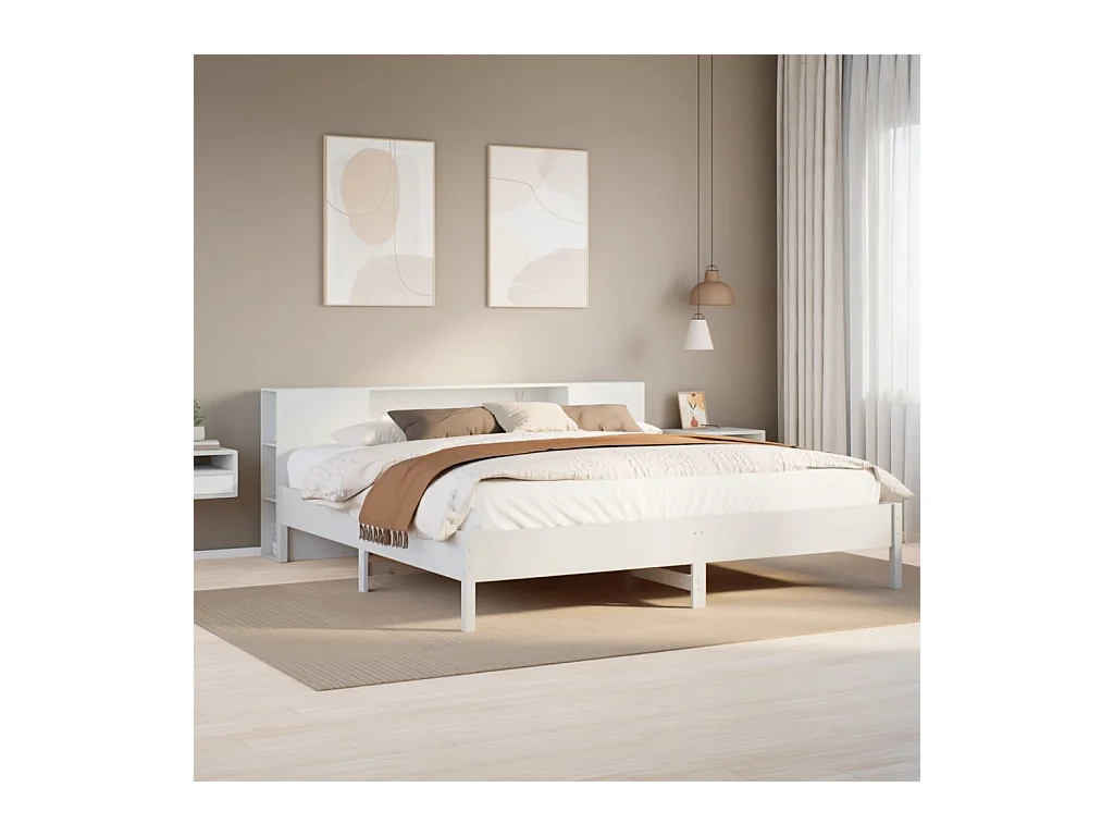 Lit bibliothèque sans matelas blanc 200x200 cm bois pin massif