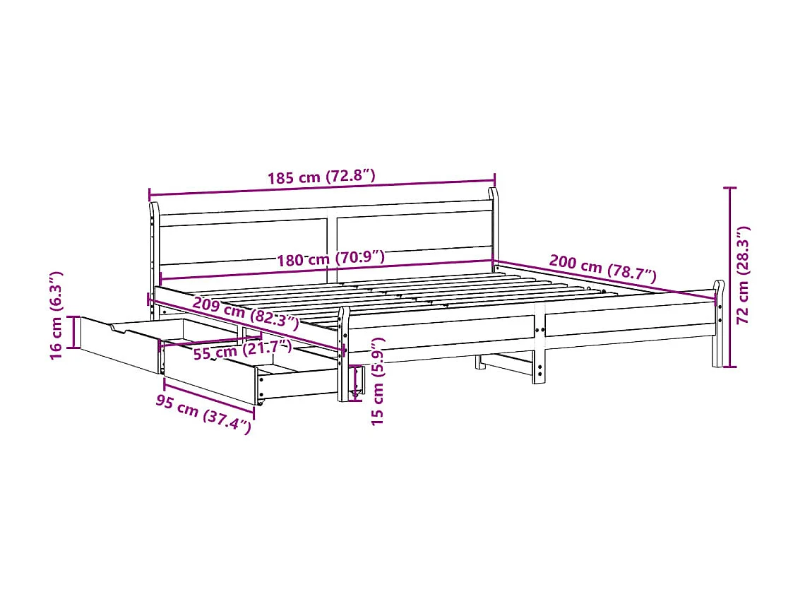Cadre de lit sans matelas cire marron 180x200cm bois pin massif