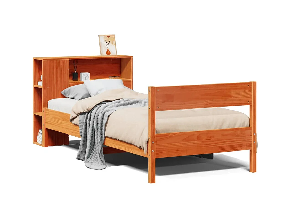 Cama c/ estante sem colchão 100x200cm pinho maciço castanho-mel