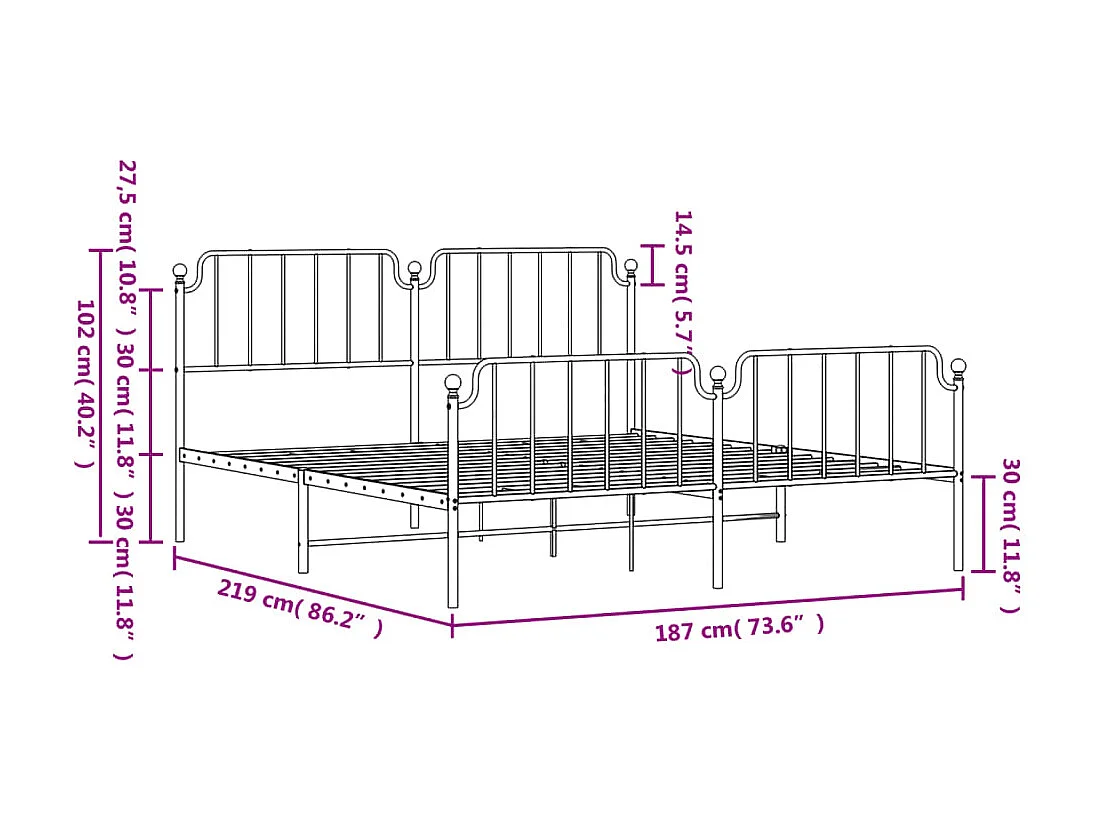 Cadre de lit métal sans matelas et pied de lit blanc 183x213 cm