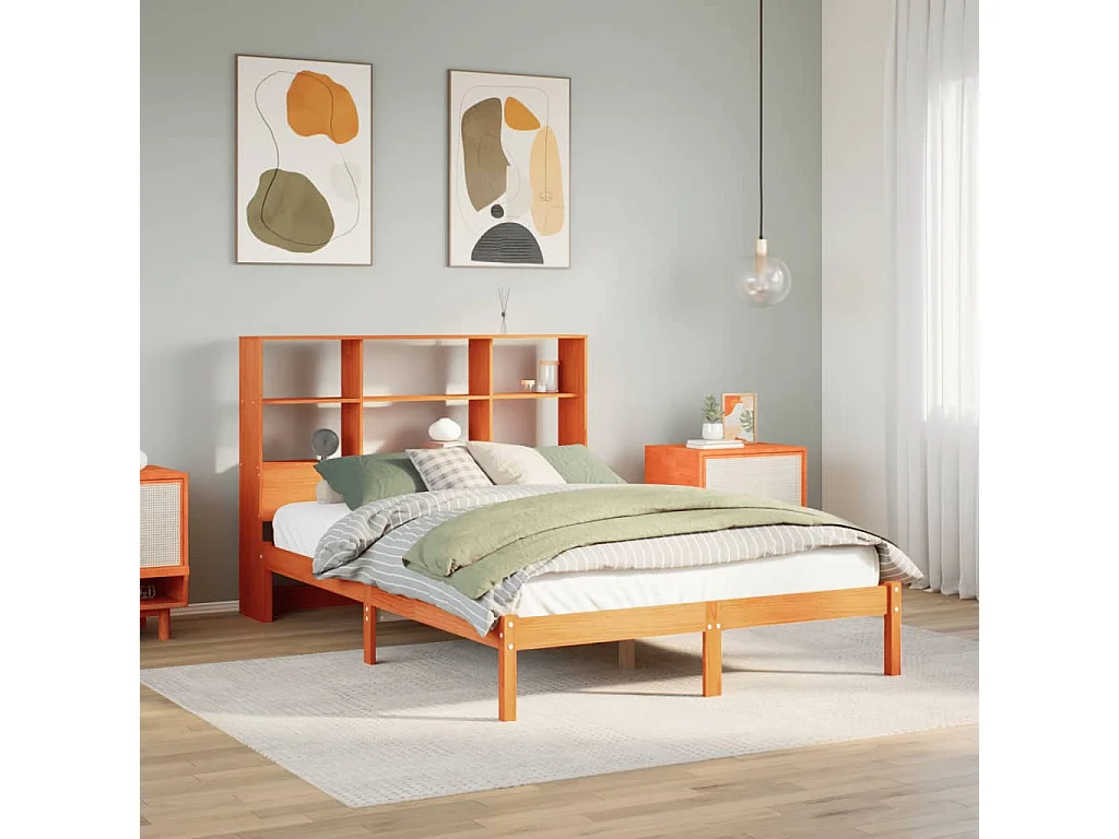 Lit bibliothèque sans matelas cire marron 140x190 cm pin massif