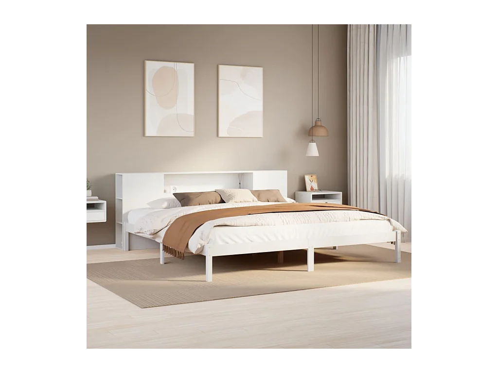 Lit bibliothèque sans matelas blanc 200x200 cm bois pin massif