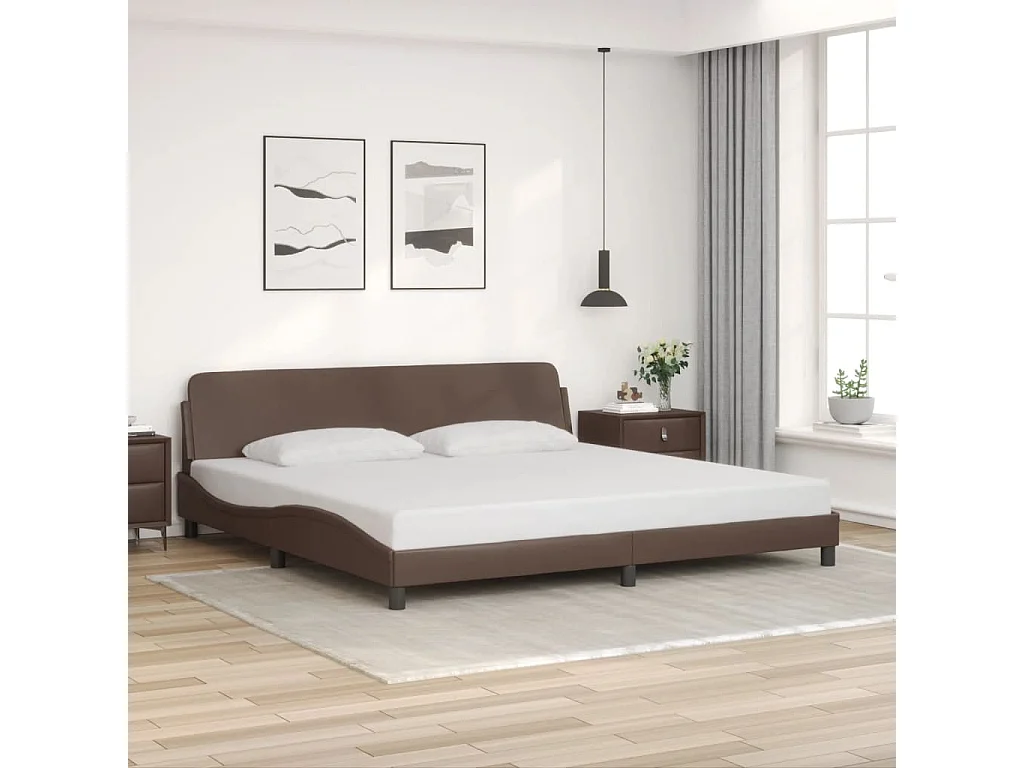 Estrutura cama c/ cabeceira 200x200cm couro artificial castanho