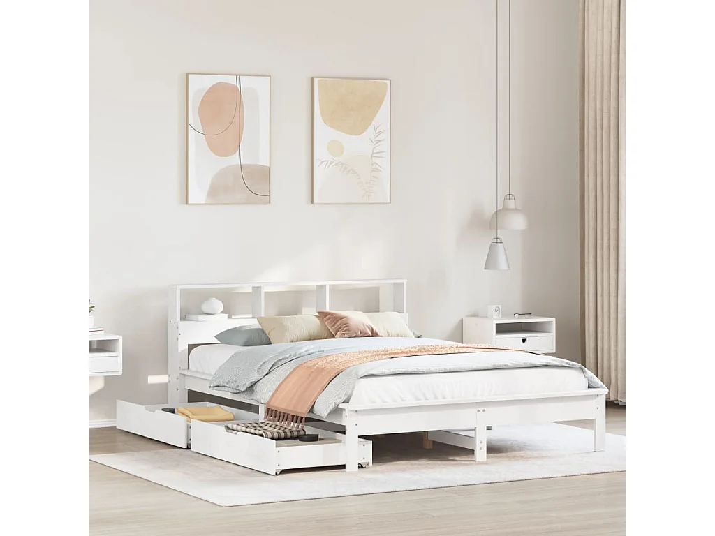 Lit bibliothèque sans matelas blanc 140x190 cm bois pin massif