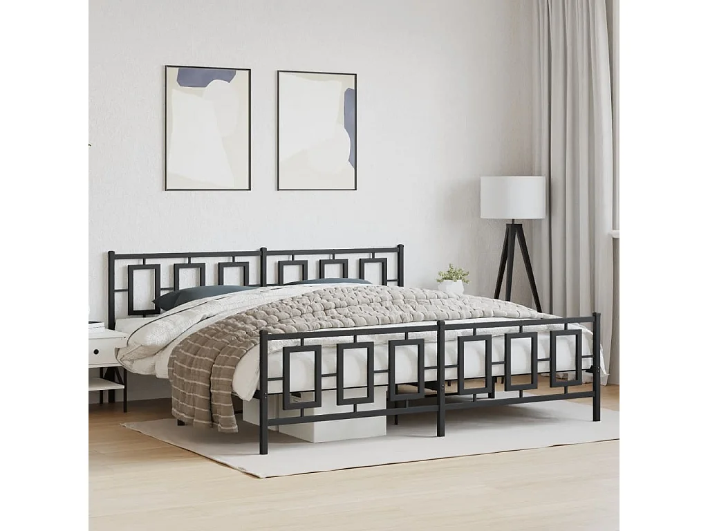 Cadre de lit métal sans matelas avec pied de lit noir 193x203cm