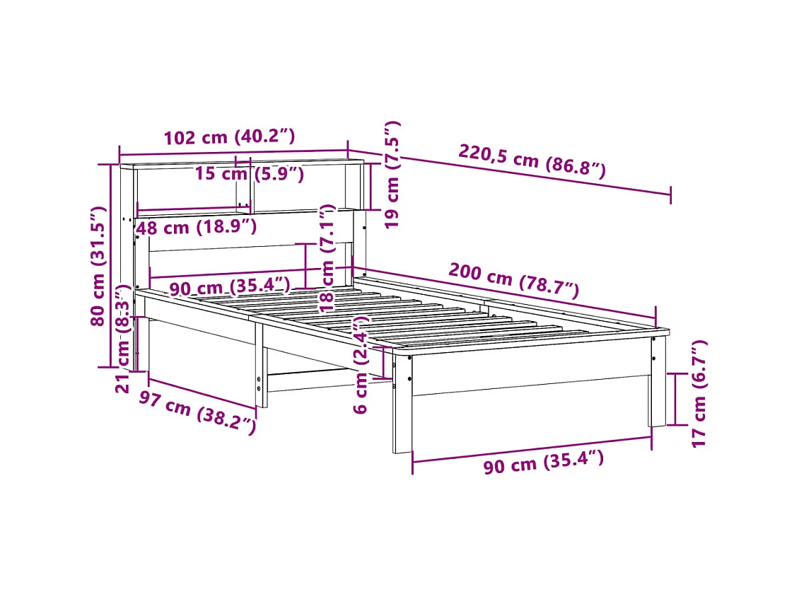 Lit bibliothèque sans matelas blanc 90x200cm bois de pin massif