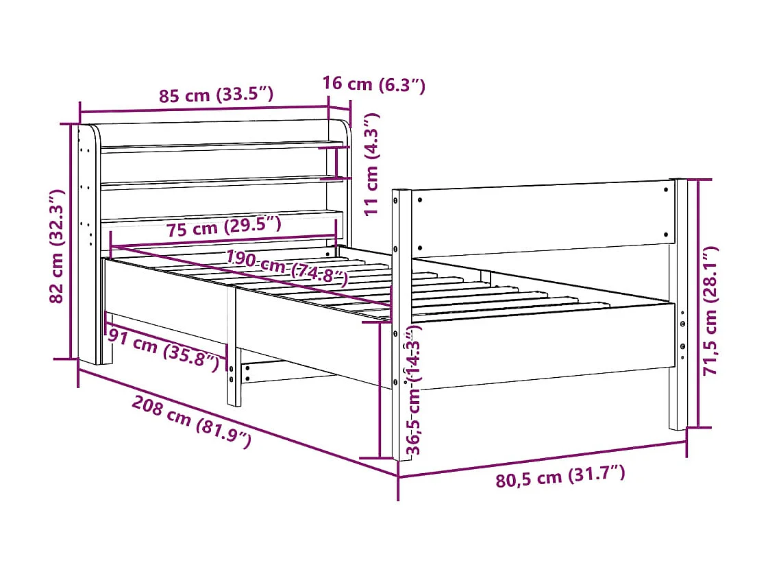 Bedframe zonder matras massief grenenhout wit 75x190 cm