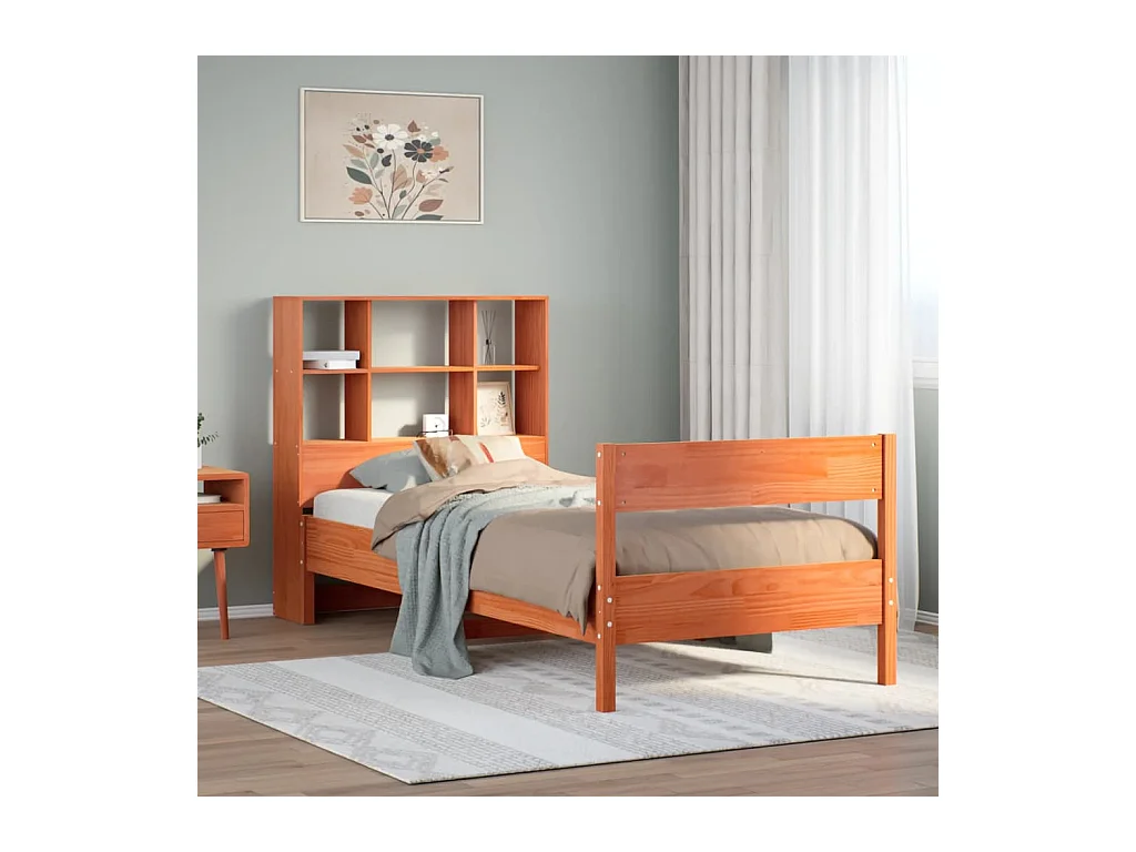 Bed met boekenkast zonder matras grenenhout wasbruin 90x200 cm