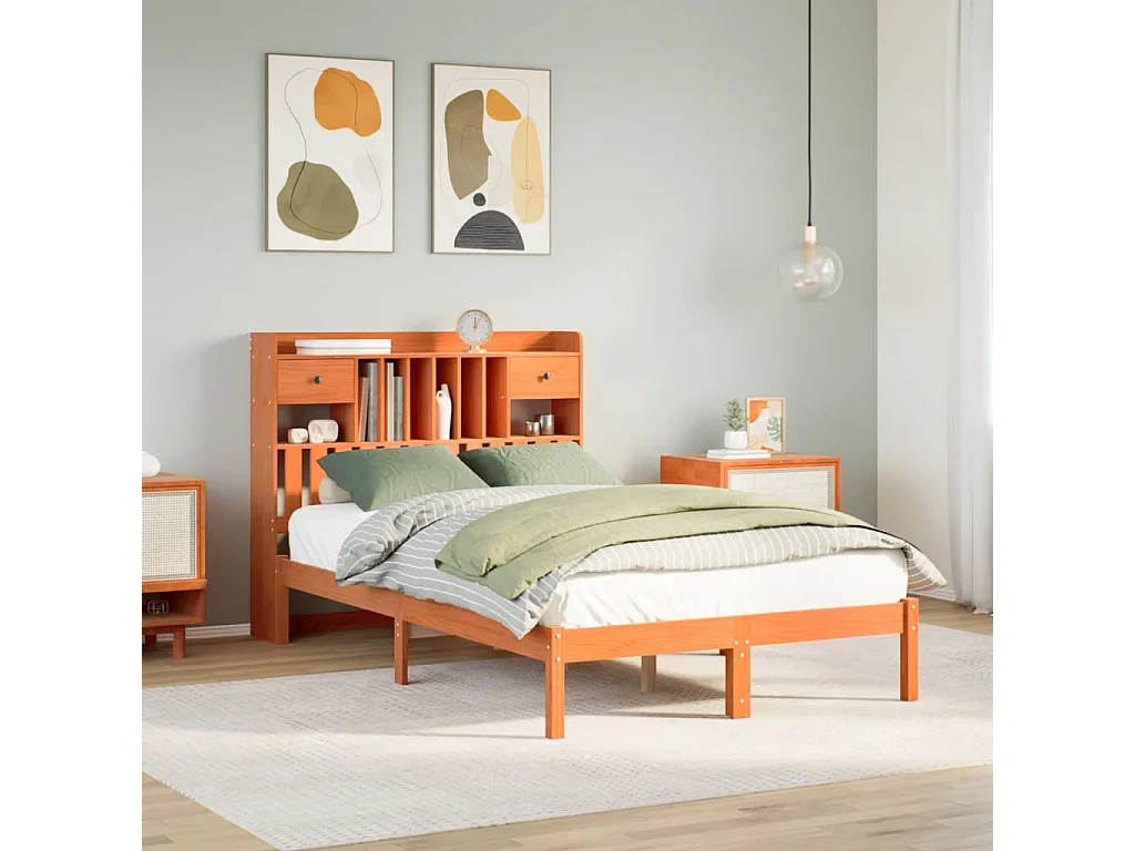 Lit bibliothèque sans matelas cire marron 135x190 cm pin massif