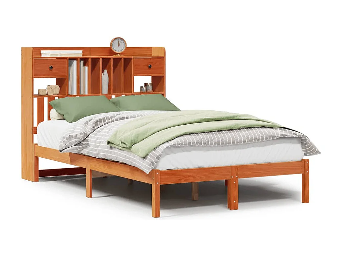 Lit bibliothèque sans matelas cire marron 135x190 cm pin massif