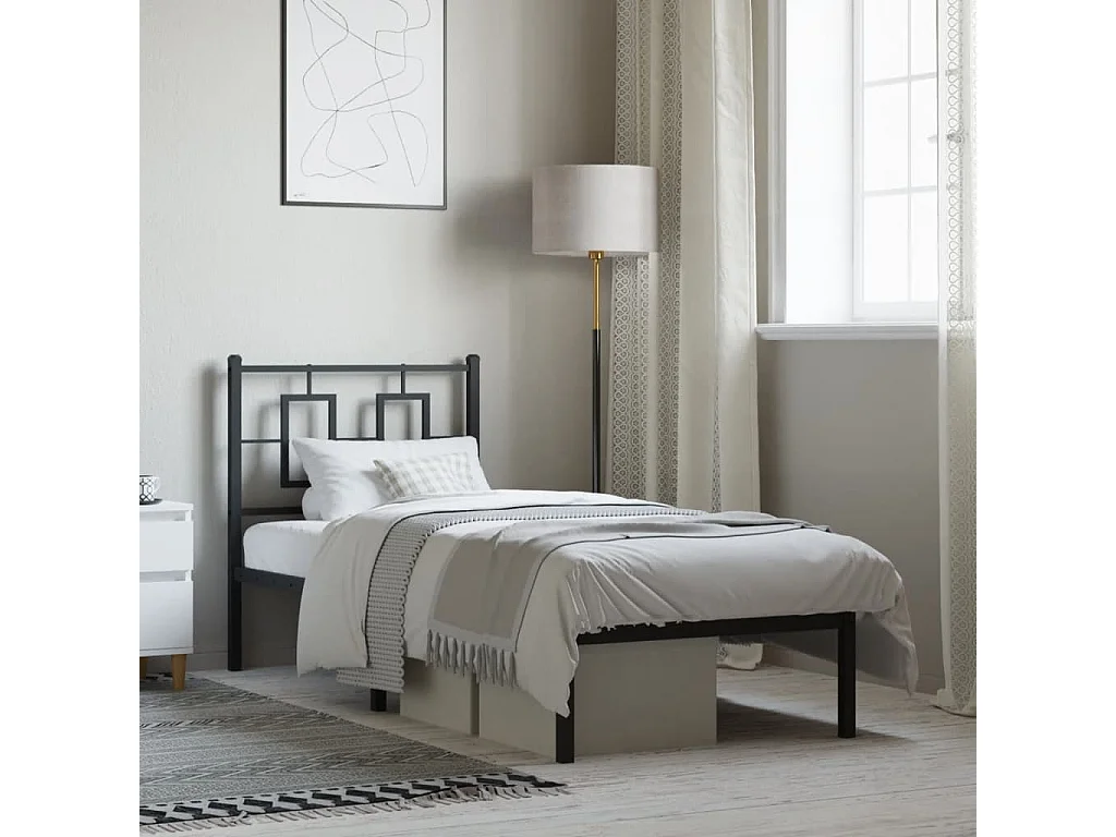 Cadre de lit métal sans matelas avec tête de lit noir 75x190 cm