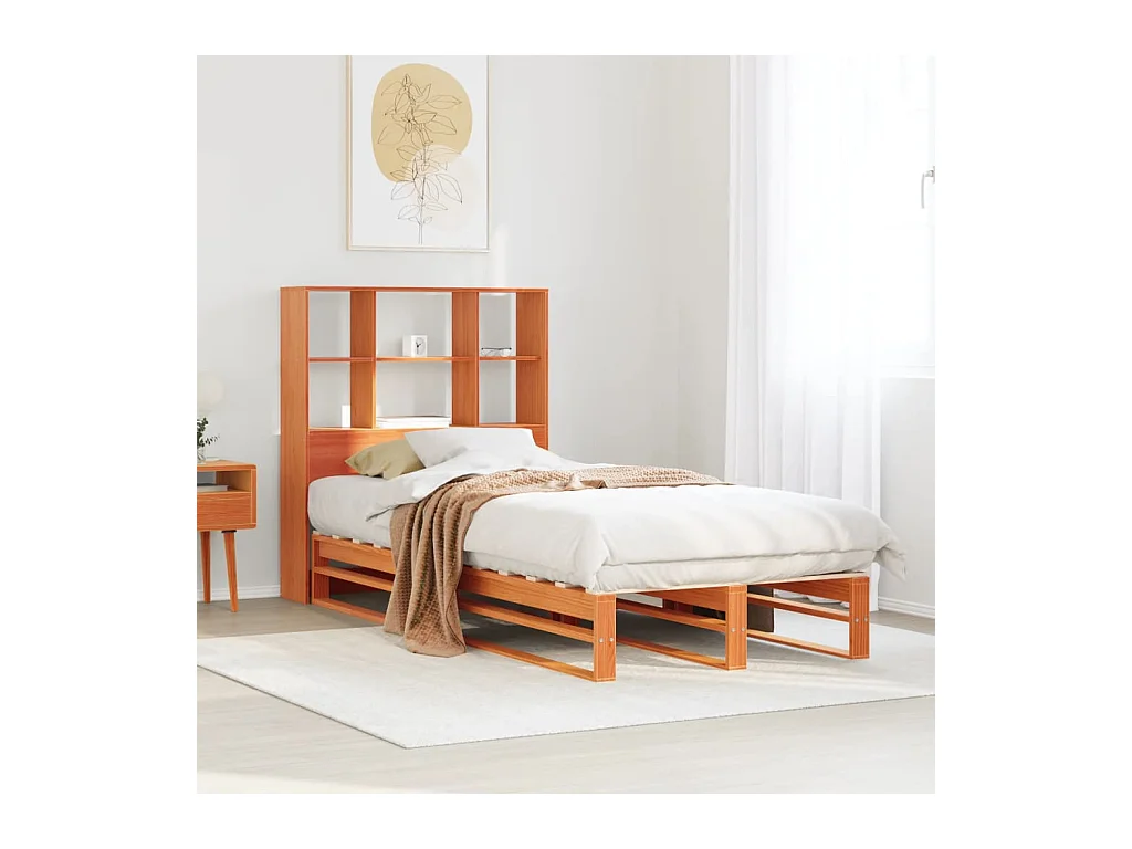 Bed met boekenkast zonder matras massief hout wasbruin 90x200cm