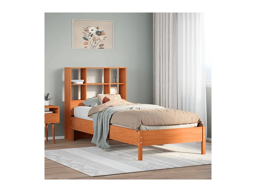 Bed met boekenkast zonder matras grenenhout wasbruin 90x200 cm