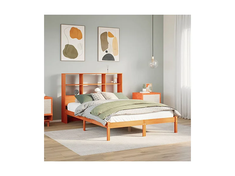 Lit bibliothèque sans matelas cire marron 160x200 cm pin massif