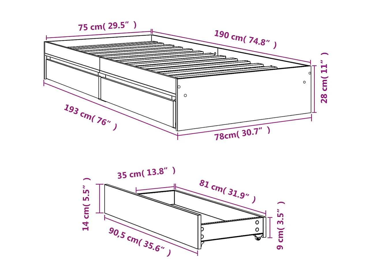 Cadre de lit avec tiroirs sans matelas sonoma gris 75x190 cm