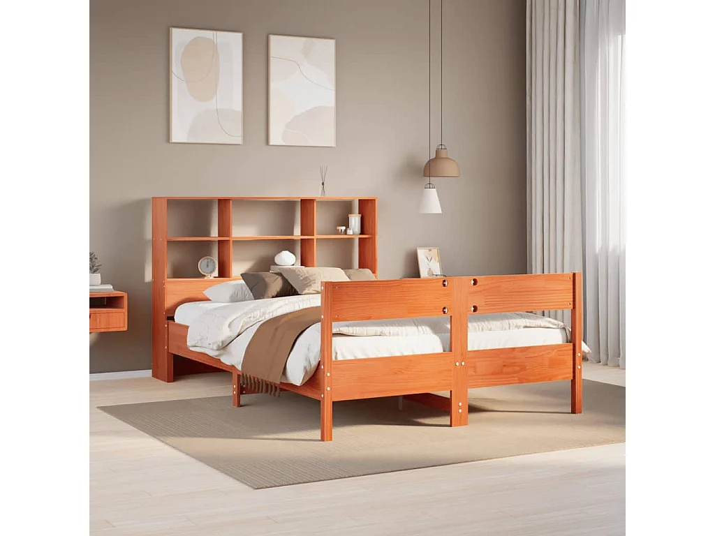 Letto Libreria senza Materasso Marrone Cera 140x190 cm in Pino