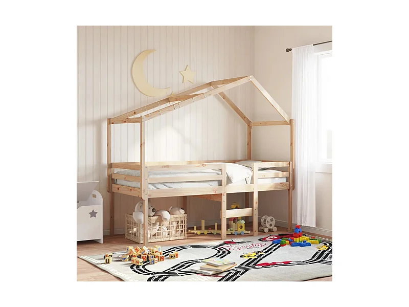 Letto a Soppalco con Tetto 80x200 cm in Legno di Pino