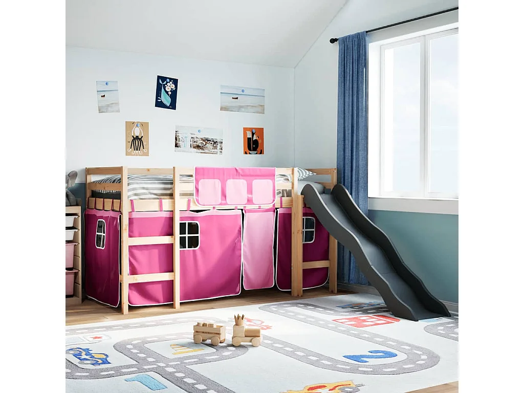 Kinderhoogslaper met gordijnen 90x190 cm grenenhout roze