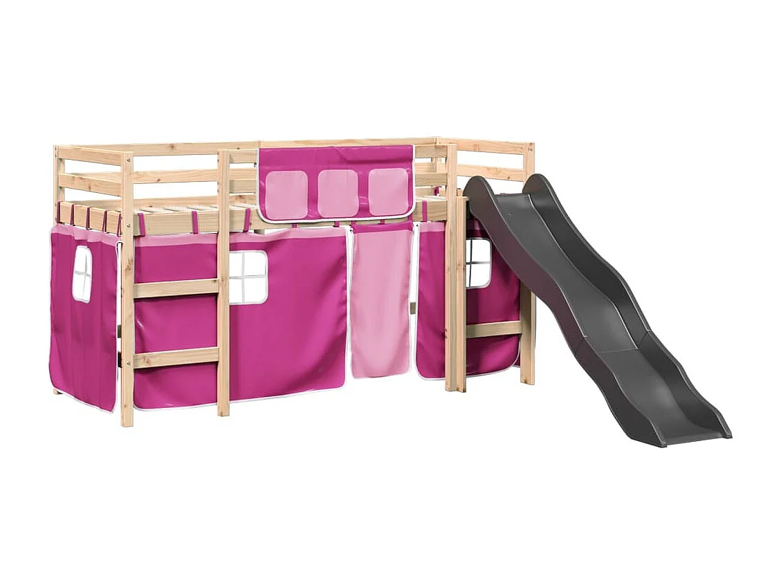 Kinderhoogslaper met gordijnen 90x190 cm grenenhout roze
