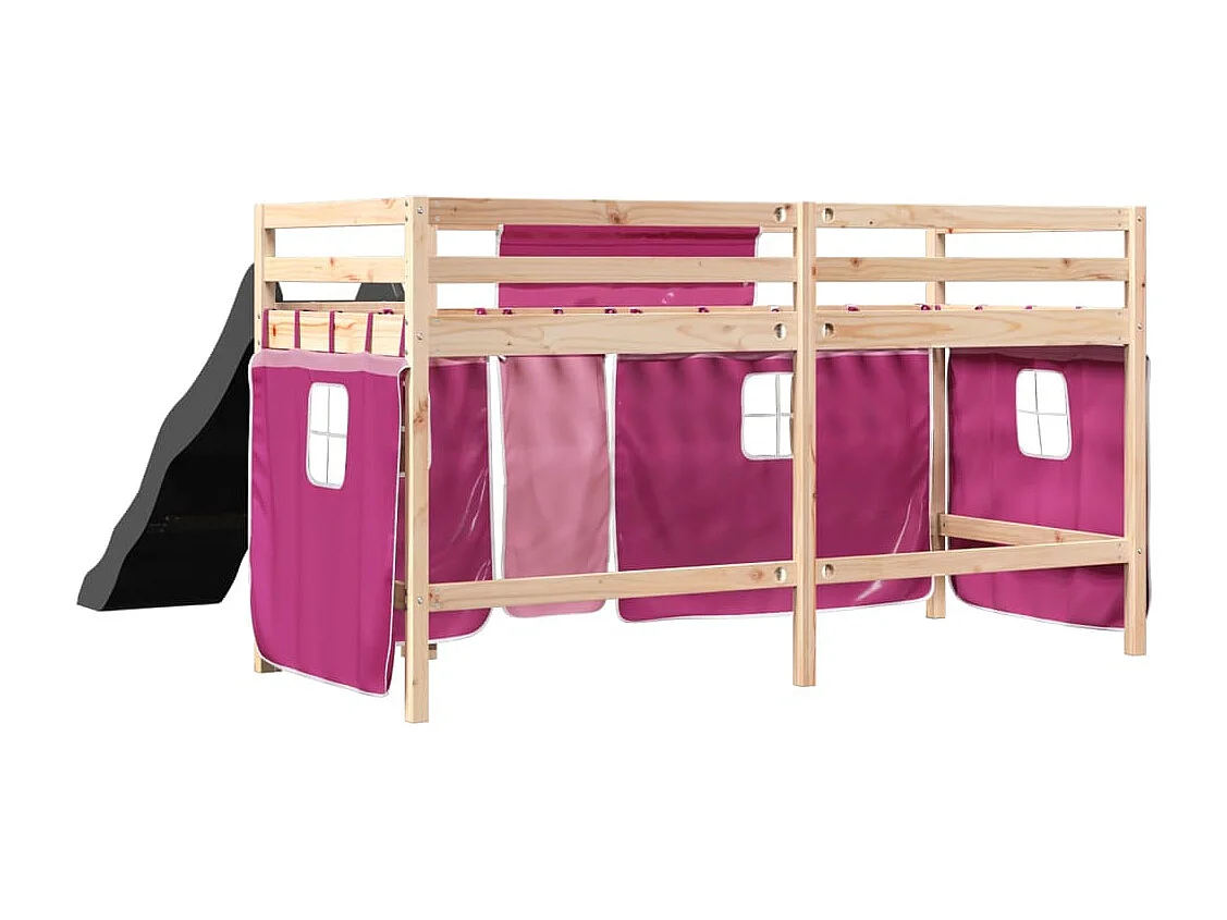 Kinderhoogslaper met gordijnen 90x190 cm grenenhout roze