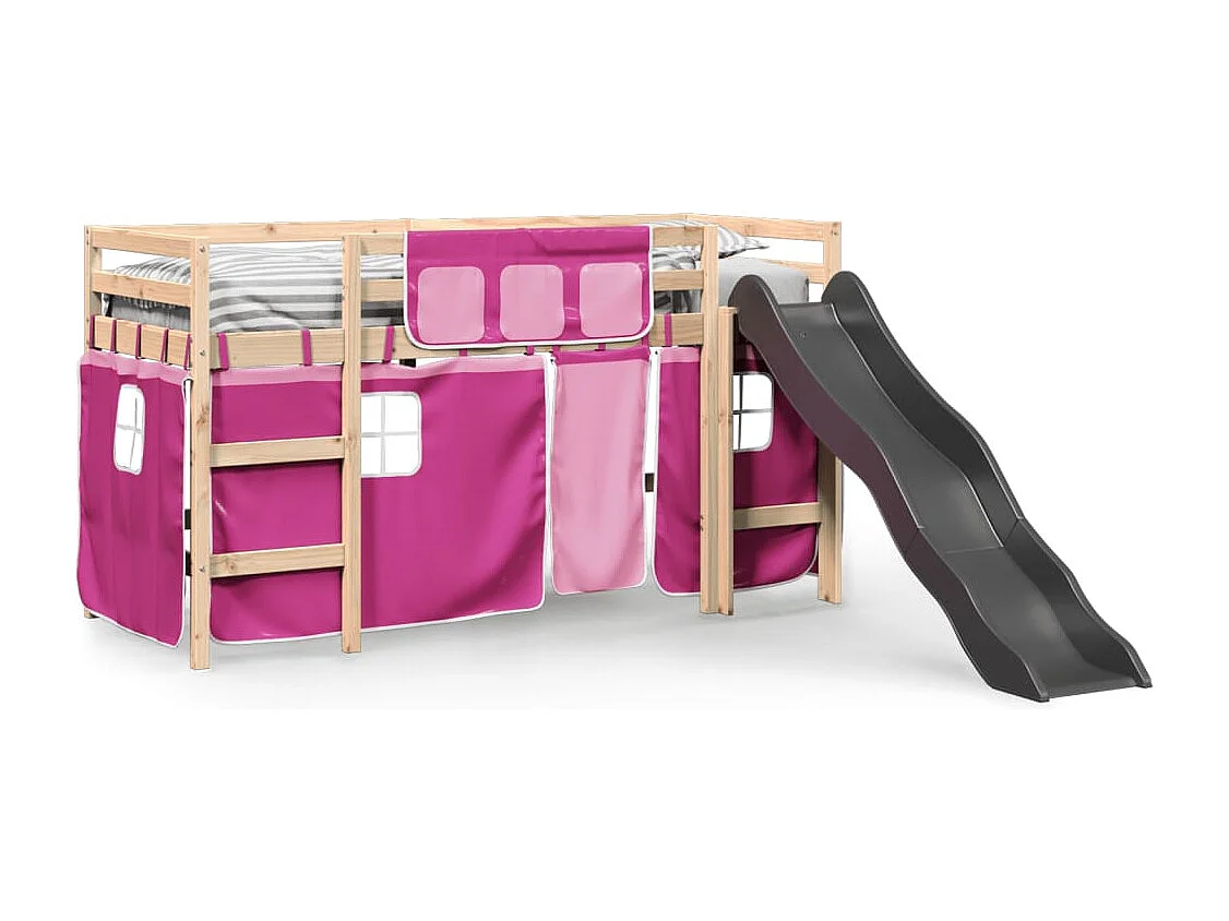 Kinderhoogslaper met gordijnen 90x190 cm grenenhout roze