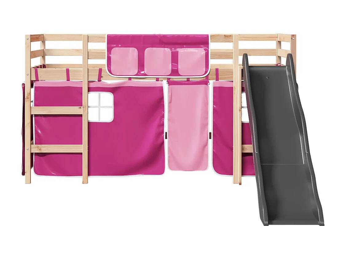 Kinderhoogslaper met gordijnen 90x190 cm grenenhout roze