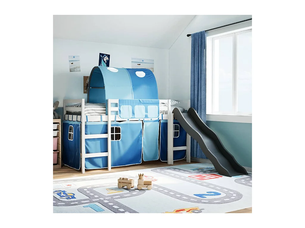 Kinderhoogslaper met tunnel 90x200 cm massief grenenhout blauw