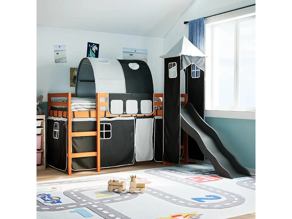 Kinderhochbett mit Turm Weiß & Schwarz 90x200 cm Kiefernholz