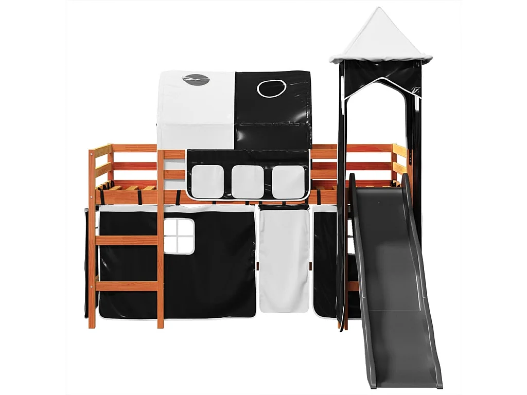 Kinderhochbett mit Turm Weiß & Schwarz 90x200 cm Kiefernholz