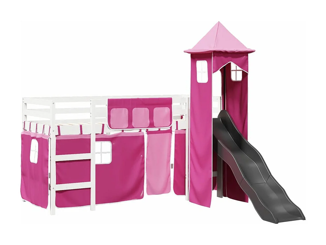 Lit mezzanine enfants avec tour rose 90x200 cm bois pin massif
