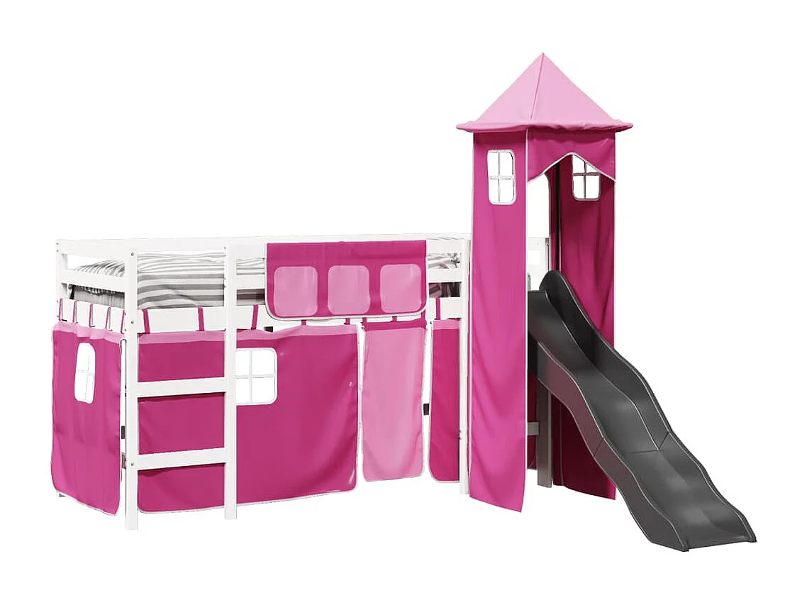 Lit mezzanine enfants avec tour rose 90x200 cm bois pin massif