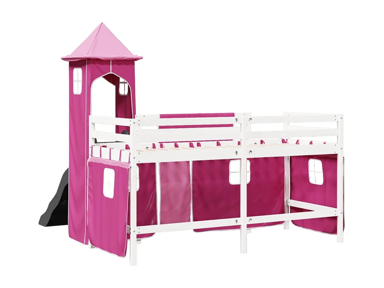 Lit mezzanine enfants avec tour rose 90x200 cm bois pin massif