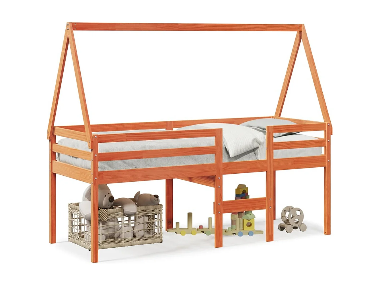 Letto a Soppalco con Tetto Cera 75x190cm Legno Massello di Pino