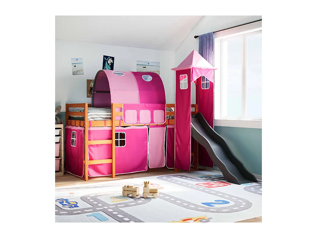 Lit mezzanine enfants avec tour rose 80x200cm bois pin massif