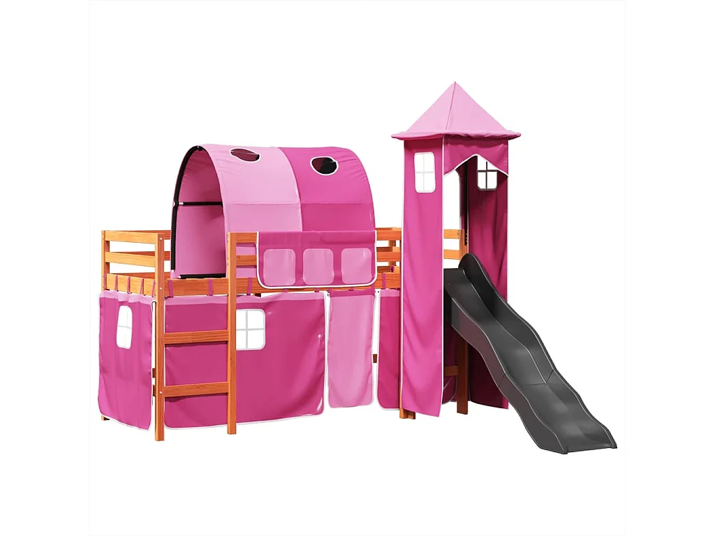 Kinderhochbett mit Turm Rosa 80x200 cm Massivholz Kiefer