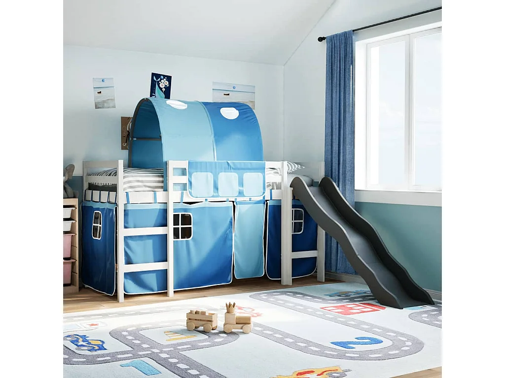 Lit mezzanine enfants et tunnel bleu 90x190 cm bois pin massif