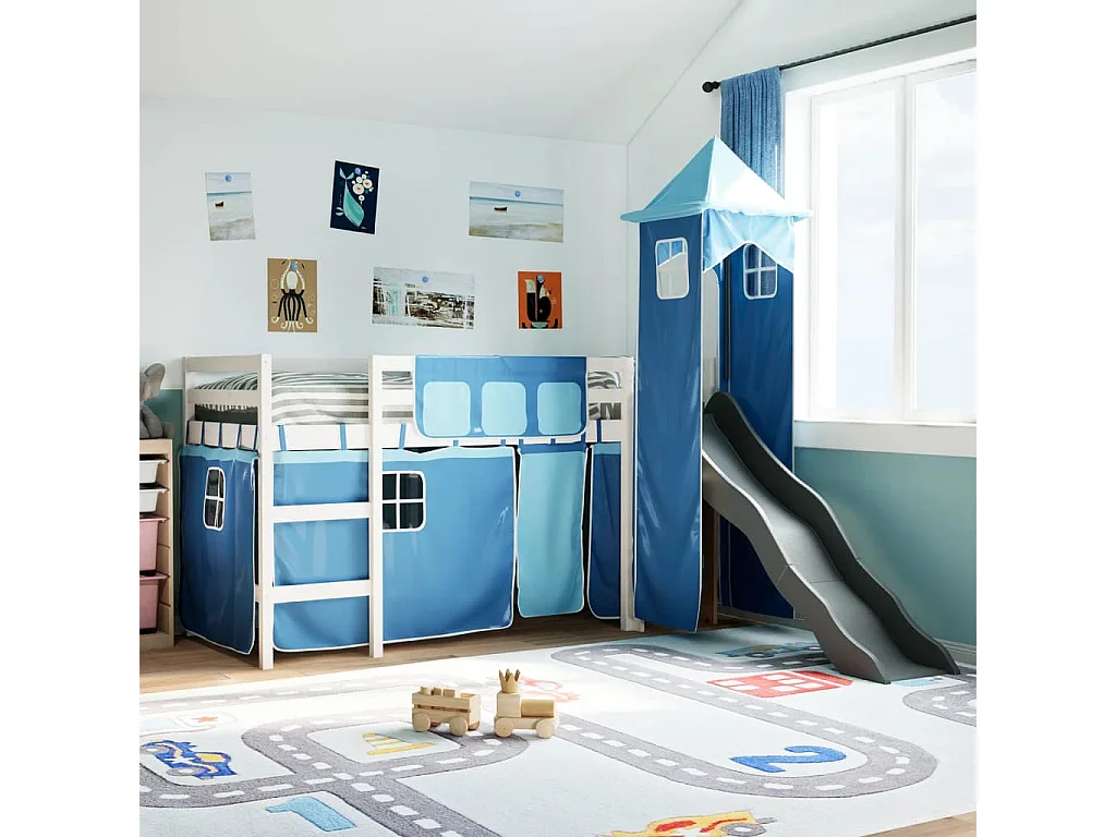 Kinderhoogslaper met toren 90x200 cm massief grenenhout blauw
