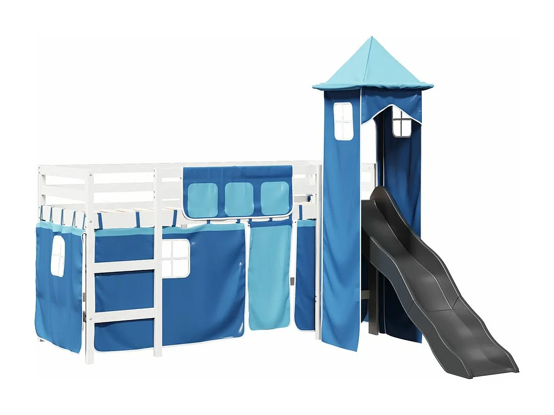 Kinderhoogslaper met toren 90x200 cm massief grenenhout blauw