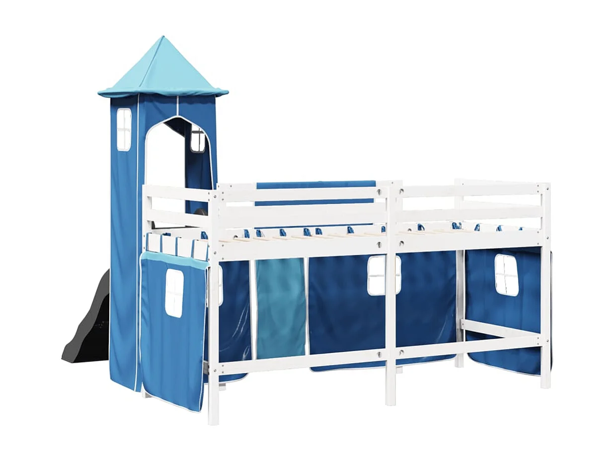 Kinderhoogslaper met toren 90x200 cm massief grenenhout blauw