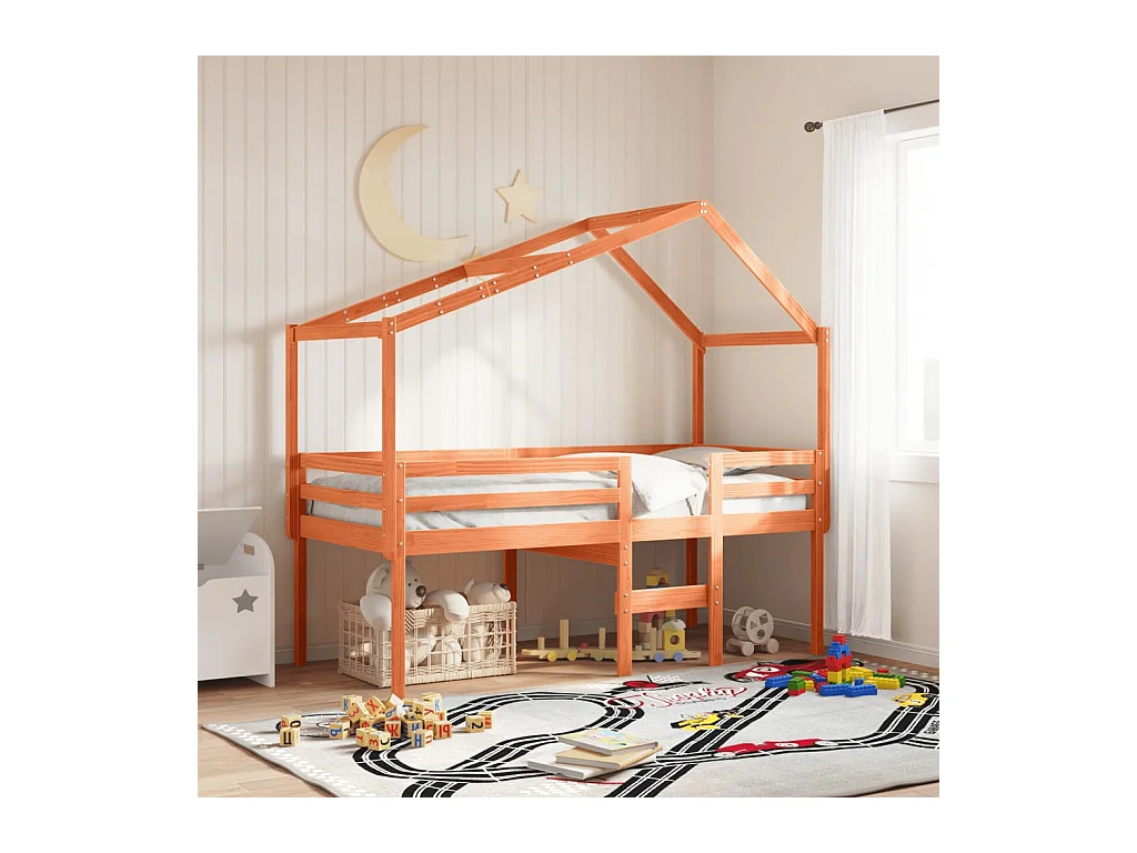 Hochbett mit Dach Wachsbraun 80x200 cm Massivholz Kiefer