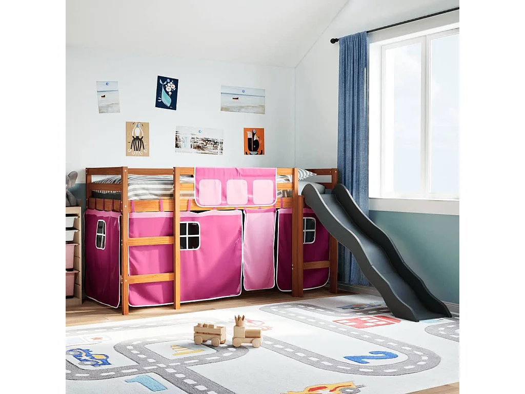 Lit mezzanine enfants et rideaux rose 90x200cm bois pin massif
