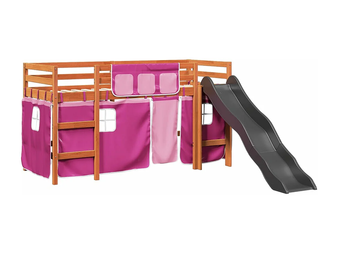 Lit mezzanine enfants et rideaux rose 90x200cm bois pin massif