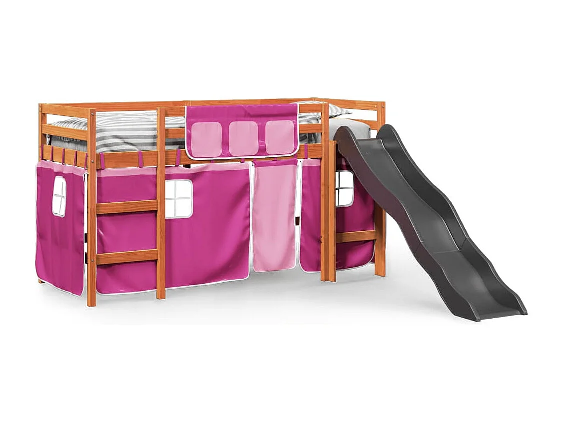 Lit mezzanine enfants et rideaux rose 90x200cm bois pin massif