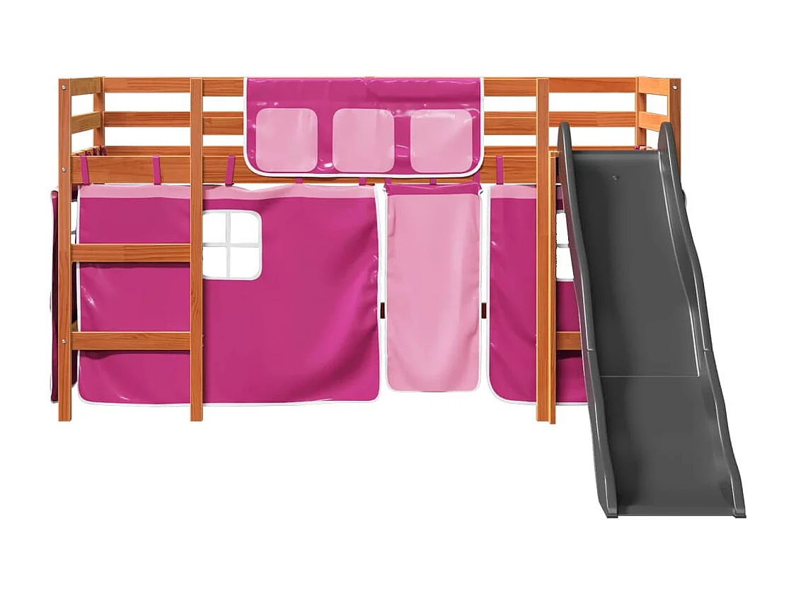 Lit mezzanine enfants et rideaux rose 90x200cm bois pin massif