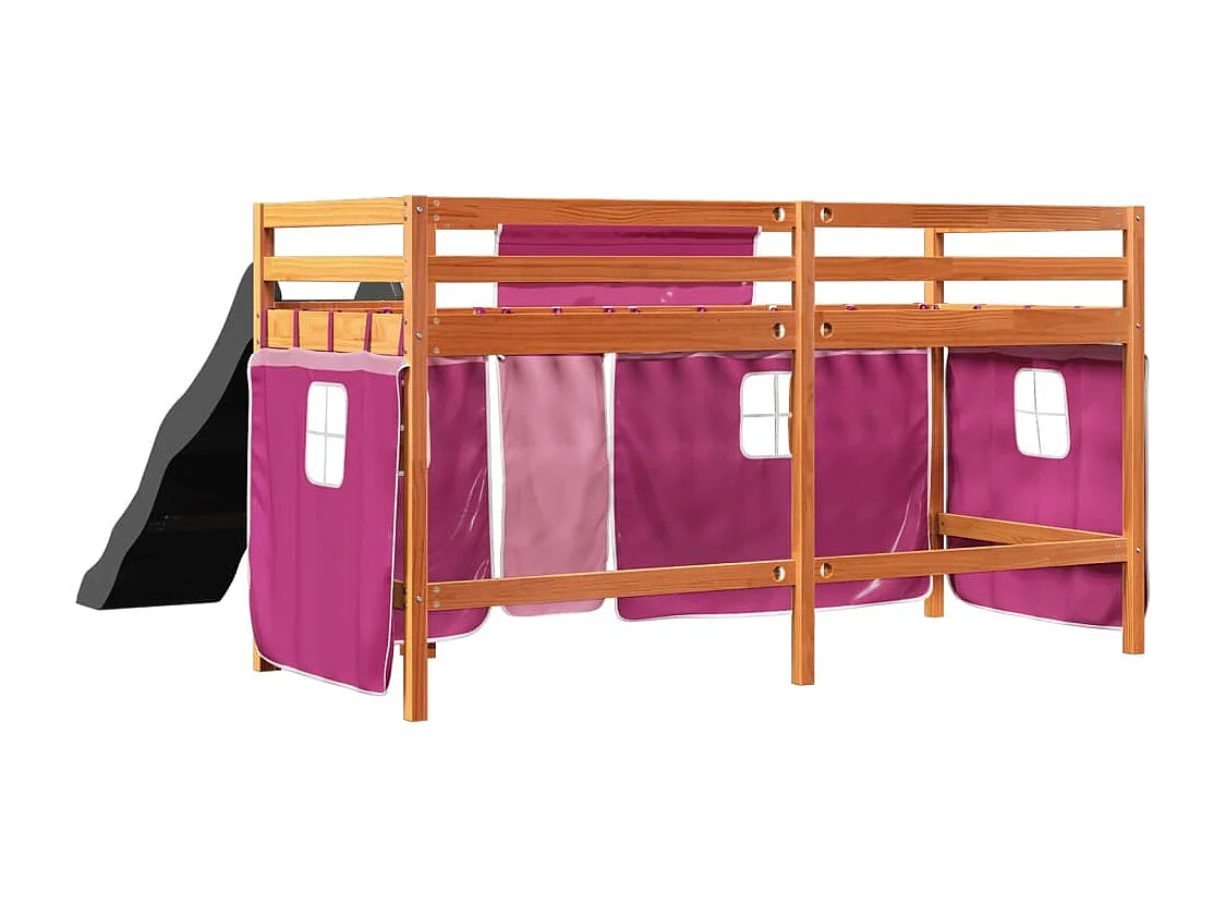 Lit mezzanine enfants et rideaux rose 90x200cm bois pin massif
