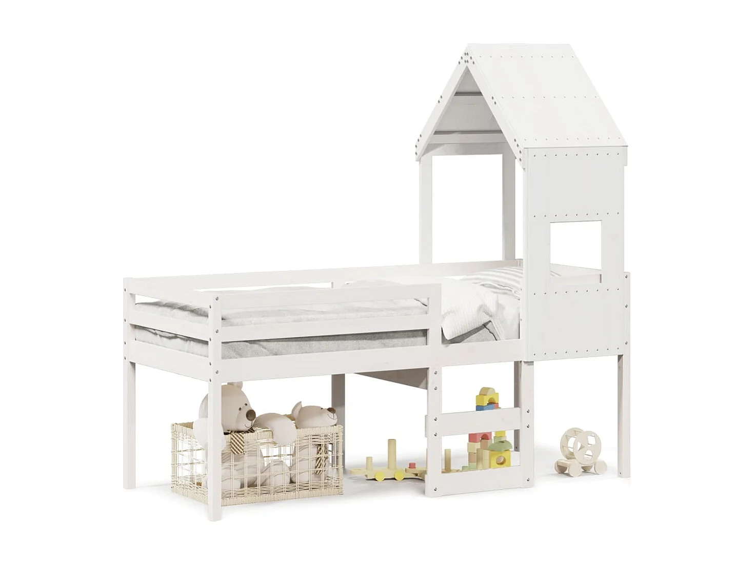 Cama alta con techo madera maciza de pino blanca 90x190 cm